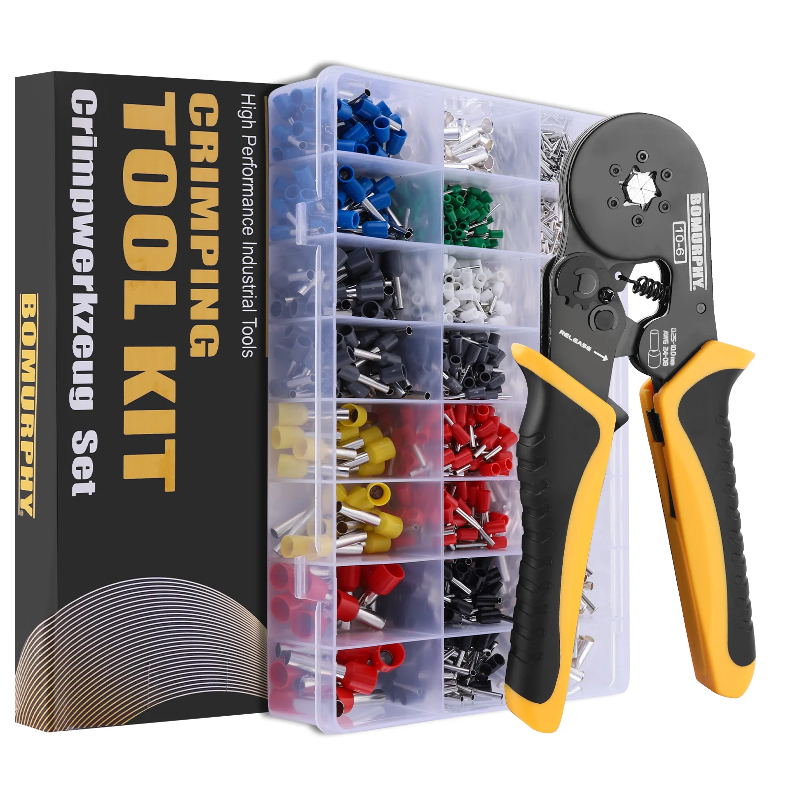 Bomurphy Hex Ferrule Crimping Tool Kit with Wire Connectors, AWG24-8 Sawtooth Self-Adjustable Ratchet Wire Terminals Crimper Kit