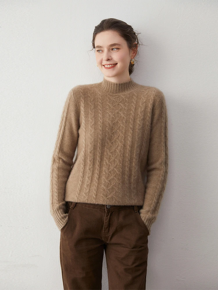 Damski sweter z golfem, dzianinowy, z wzorem kablowym, wykonany w 100% z kaszmiru, ciepły, miękki, na jesień i zimę, prosty, wygodny, odzież, topy.