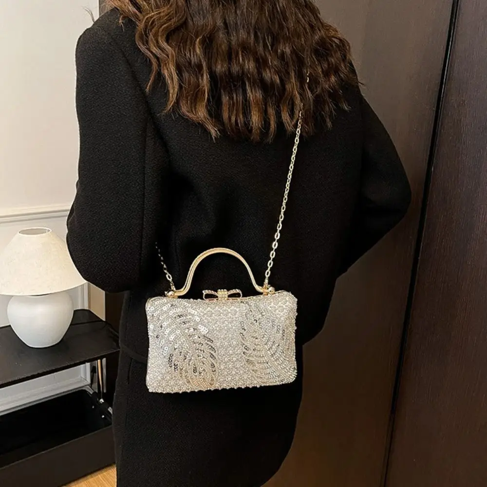 عادية معدنية مقبض علوي مساء مأدبة حقيبة بريق لامعة الترتر صندوق حقيبة يد سعة كبيرة حجر الراين شرابة حقيبة كتف المرأة #2