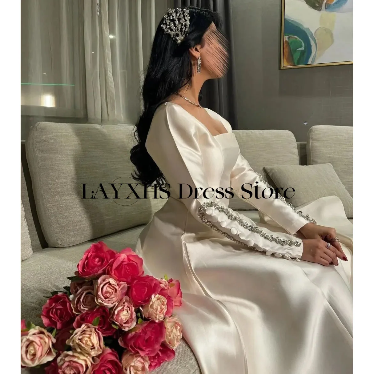LAYXHS Luxury Square Neck Evening Dresses A-Line Long Sleeves Beaded Button Women Prom Dresse Customized فساتين سهرة