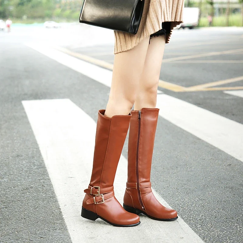 2024 Plus Size Non-Slip Rubber Chunky Heel Retro Rider Boots Double Row Belt Buckle Side Zipper Plush Lining Women's Knee Boots