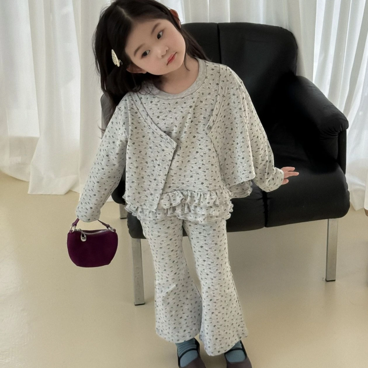 

Girls Suit 2025 Autumn New Children's Clothing Korean Style Girl Baby Flower False Two Cardigan Bell-bottom Pants Two Sets