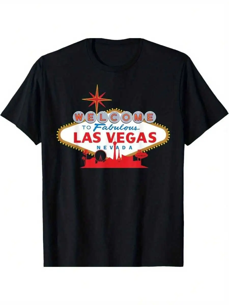 1Pc, Las Vegas Pattern T-Shirt, Bold Welcome Sign With Palm Tree Design, Black Bright Colors, Regular Fit Men's Universal Style 100% Cotton Trendy Y2K Short-Sleeve Tee-Soft, Quick-Drying, Moisture-Wicking;  Great Gift for Christmas or Halloween