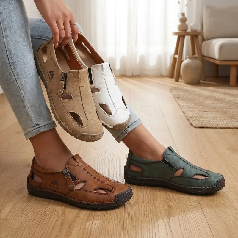 

Fashion Summer Women Roman Sandals Breathable Handmade Leather Thick Sole Comfort Outdoor Daily Casual Beach Walking Shoes