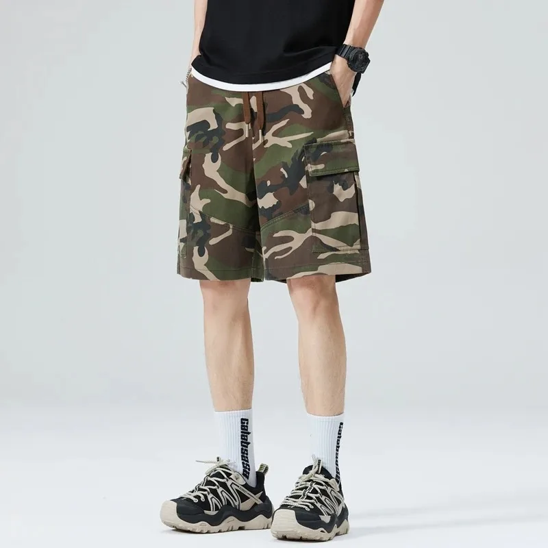 Men's Summer Pockets Geometric Camouflage Solid Elastic and High Waisted Sports Loose Casual Trousers Vintage Vacation Shorts