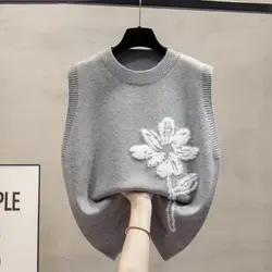Women's Clothing O-Neck Spring Autumn Screw Thread Pullover Sleeveless Sweater Knitted Crochet Flower Embroidered Vest Tops