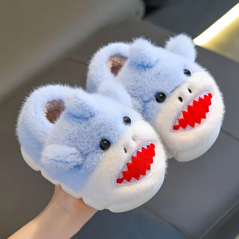 Kids Winter Plush Slippers with Thick Sole Soft Indoor Home Shoes for Boys Girls Animal Design Parent Child Matching Footwear