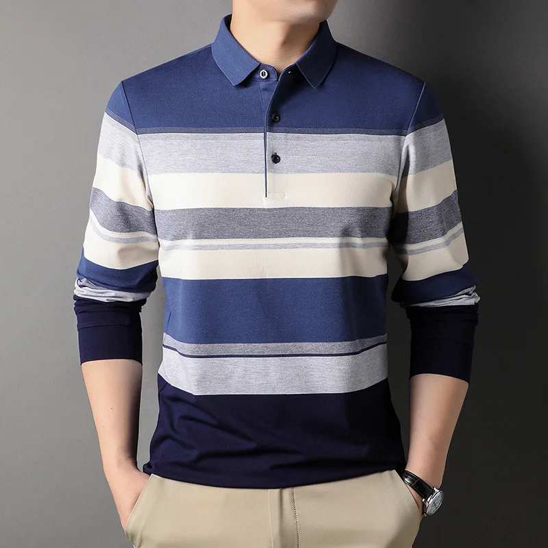 

High Quality Men's Polo Shirt Business Casual Striped Long Sleeve Tops Contrast Color Trendy Loose V-neck Vintage Polo Shirt Men