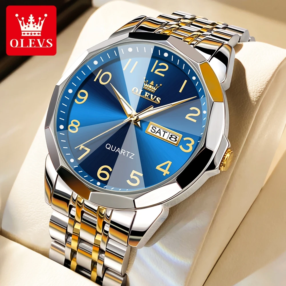 OLEVS-Montre à Quartz Étanche pour Homme d'Affaires, Bracelet en Acier Inoxydable, Échelle Numérique, Surface Miroir Prismatique, Calendrier Touriste