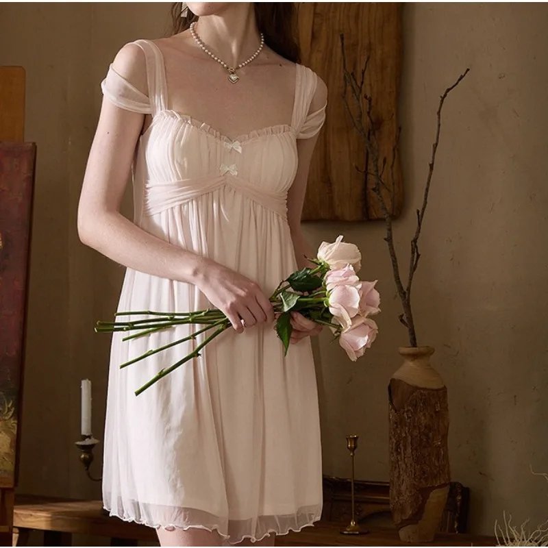 

French Retro Style Shoulder Strap Modal Mesh Suspender Nightdress with Chest Pad Thin Waist Design Fairy Pajamas