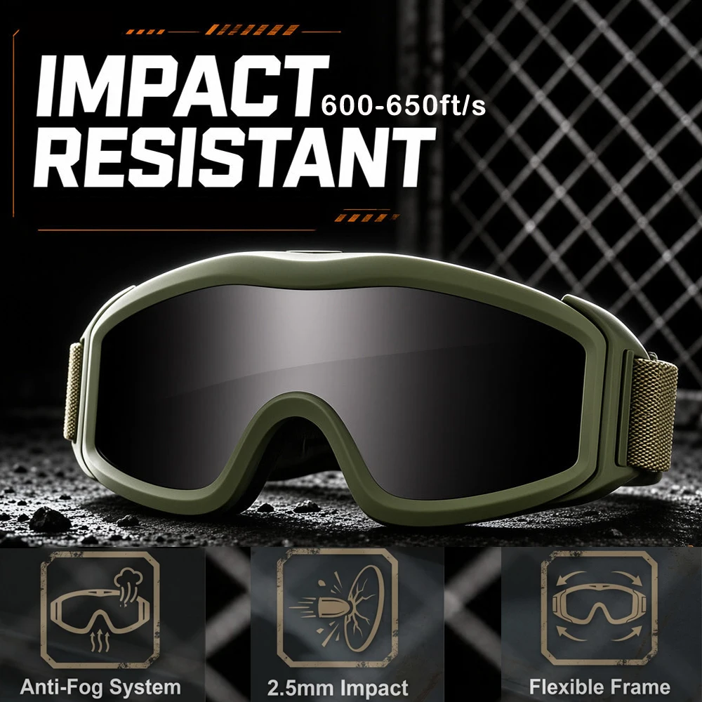 Interchangeable Tactical Goggles 600ft/s Impact Resistant 2.5mm Anti Fog Coating UV400 Ski Paintball Motocross Safety Glasses