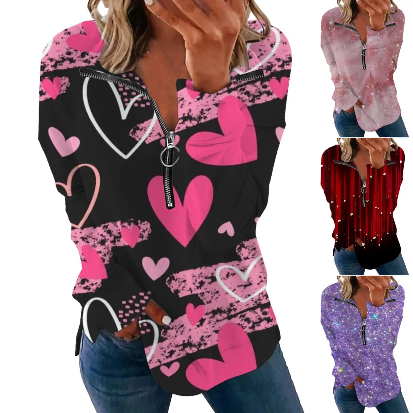 

Autumn And Winter Fashion Long Sleeve Half Zipper Side Split Colorful Printed Apparel Shirt Elderly Sweatsuit Big Women Jacket