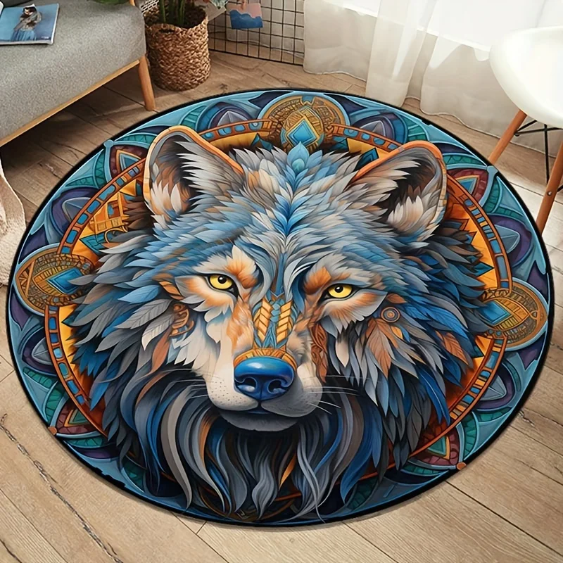 Round Crystal Velvet Rug Wolf Face Mandala Colorful Animal Print Floor Mat Home Decor Living Room Bedroom Carpet Artistic Design