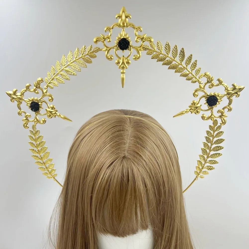 Gold Plated Halo Crown Wheat Ear Leaf Baroque Baroque Tiara Headband Spike Design Alloy Goddess Headpiece Festival Outfits