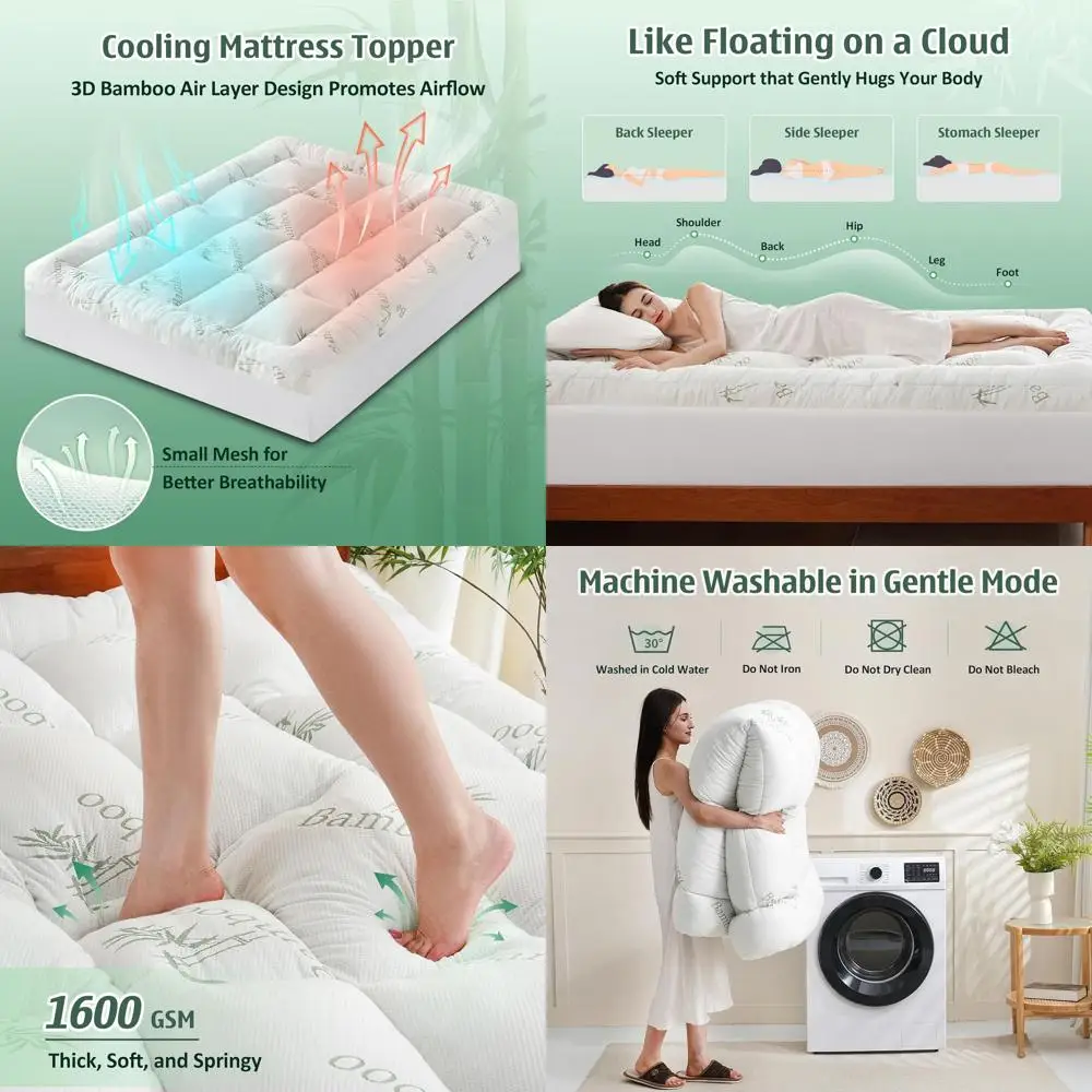 

King Size 3 Inch Cooling Memory Foam Pillow Top Mattress Topper for Back Support with Bamboo Air Layer, 1600 GSM, Fits 8-21 Inch