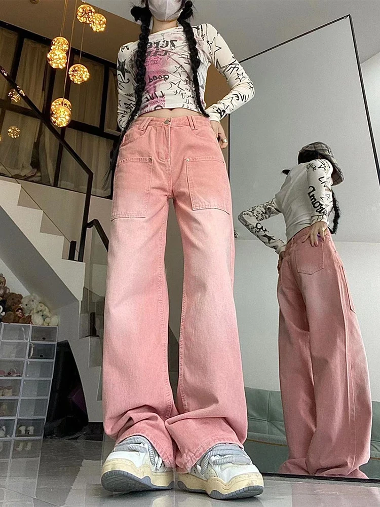 Pink Baggy Jeans Woman High Waist 2023 Autumn Winter Wide Leg Denim Trouser Streetwear Design Vintage Straight Jean Pants Female