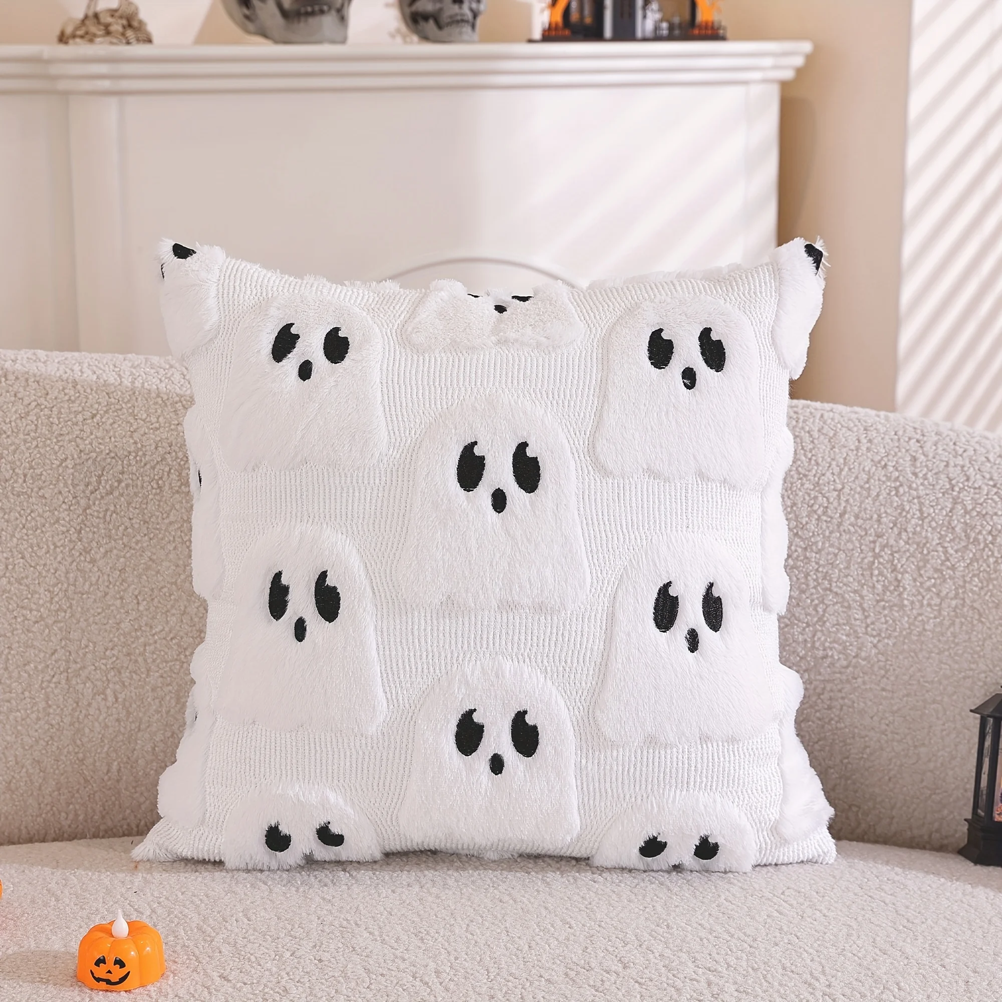 Adorable Ghost Pillow Cover - Polyester, Halloween-Themed, Stitched & Embroidered Design, Hand Wash Only,  Halloween Decorations
