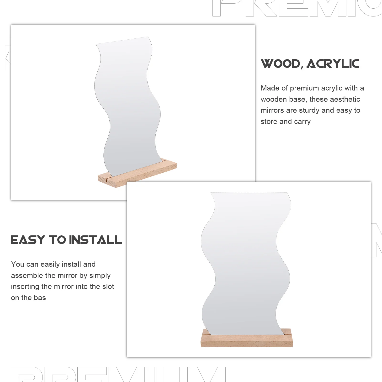 مرآة مكياج لسطح المكتب بقاعدة خشبية من الأكريليك غير منتظمة بدون إطار للطاولة لغرفة النوم والمكتب والنوم