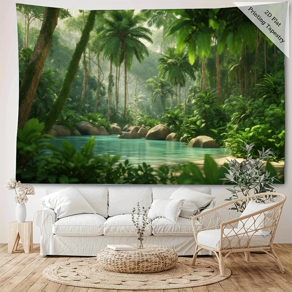 VIKAMA Lush Tropical Rainforest Tapestry Green Jungle River Nature Wall Hanging for Living Room
