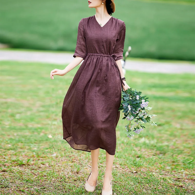 

Женское платье с V-образным вырезом, свободное облегающее однотонное платье из хлопка и конопли с V-образным вырезом и поясом, в стиле ретро, лето 2024