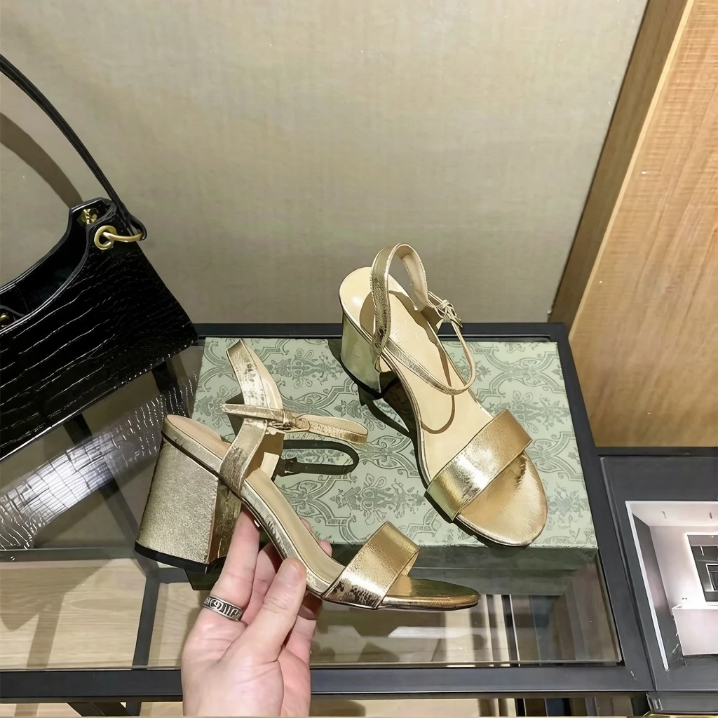 

2026 Summer New Women's High Heel Sandals Metal Buckle Round Toe Open Toe Chunky Heel Slides Casual Outdoor Party Shoes