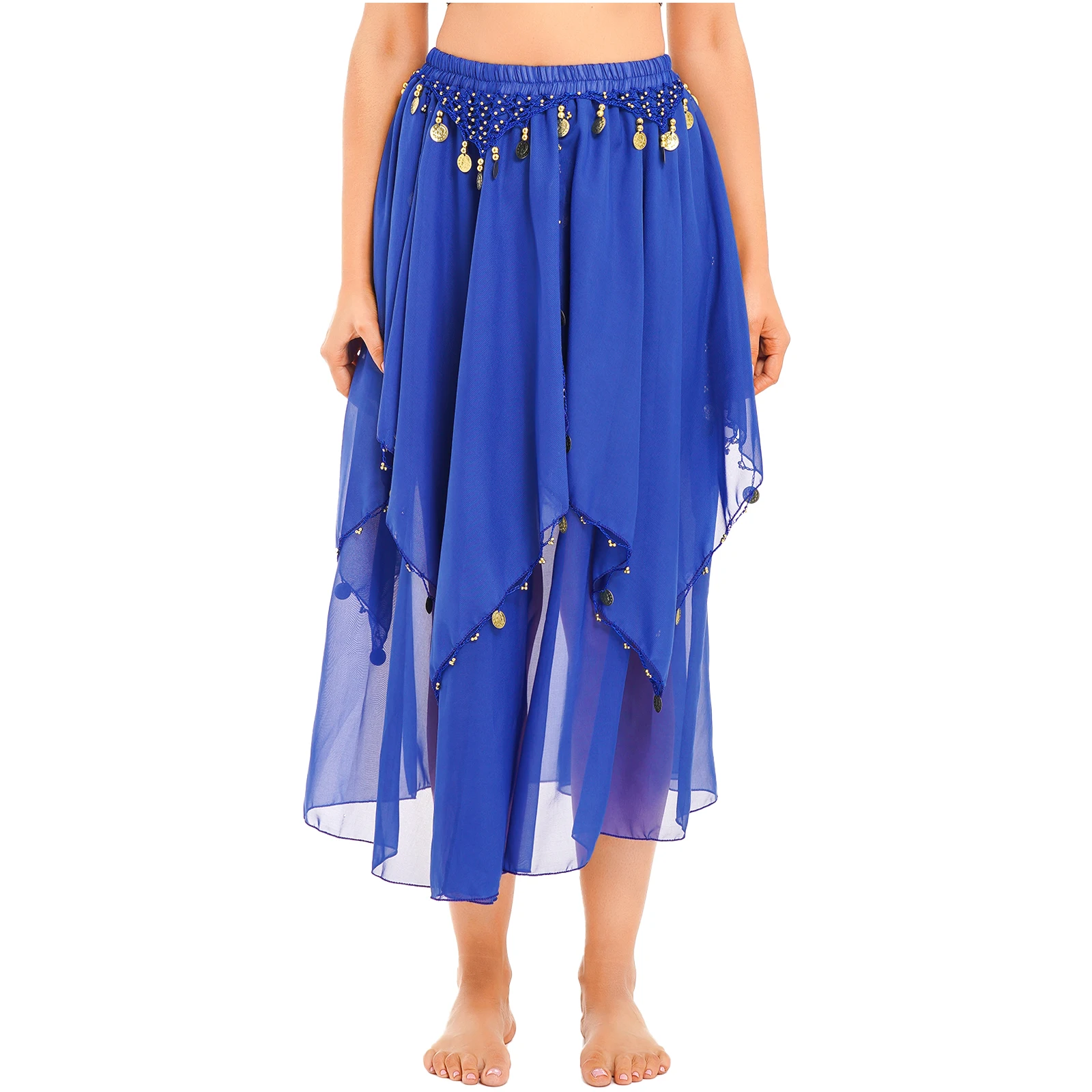 Dames Indiase Oosterse Buikdans Prestaties Kostuum Pailletten Asymmetrische Kralen Chiffon Tule Maxi Rok met Kralen Danskleding