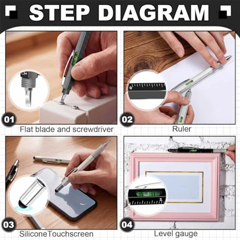 44Pcs Multifunctional Plastic Utility Tool Pen, Touch Screen Stylus, Built-in Centimeter Ruler, Spirit Bubble Level
