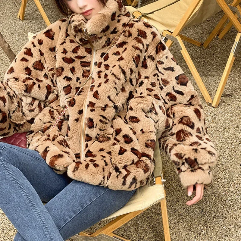 Autumn Winter 2024 Korean Version Loose Warm Lamb Hair Women Short Coat Female Leopard Fur Plush  Women\'s Clothing N176