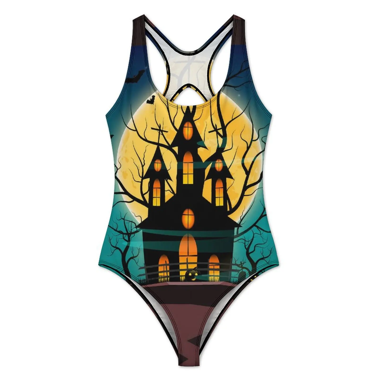 Halloween Night Haunted Mansion Swimsuit Sexy Pumpkin Haunted House Women Swimwear One Piece Elegant Bodysuit Push Up Monokini