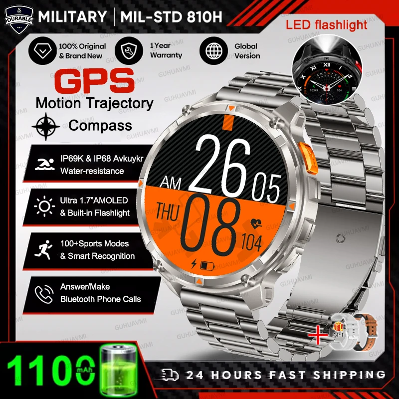 2026 HOT Nieuwe Sport Smartwatch 1100mAh Grote Batterij Duurzaam Kompas 10ATM Waterdicht Tactisch 170+ Sporten BT Oproep Smartwatch Heren