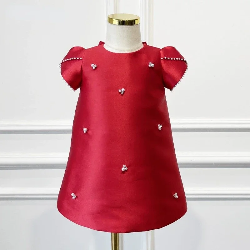 

Short Sleeve Infant Toddler Vintage Dress Big Bow Vestido Baby Girl Princess Pearl Beading Silk Party Birthday Baby Clothes 1-8Y