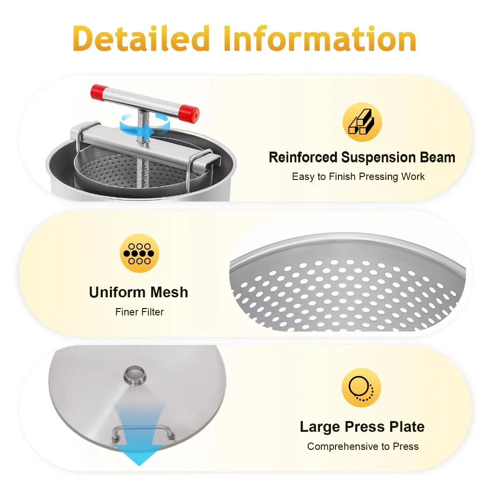 عصارة عسل يدوية من الفولاذ المقاوم للصدأ سعة 13 لترًا، أداة تربية النحل بحالة جديدة، عصير عنب وفلتر عسل #6