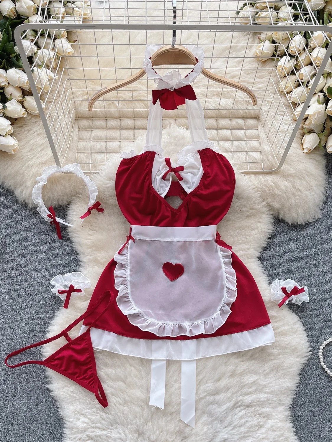 Ruffle Halter Neck Hollow Women's Dress Lace Up Apron Splice Maid Cosplay Uniform Sleeveless Patchwork Sweet Sexy Dress Pajamas