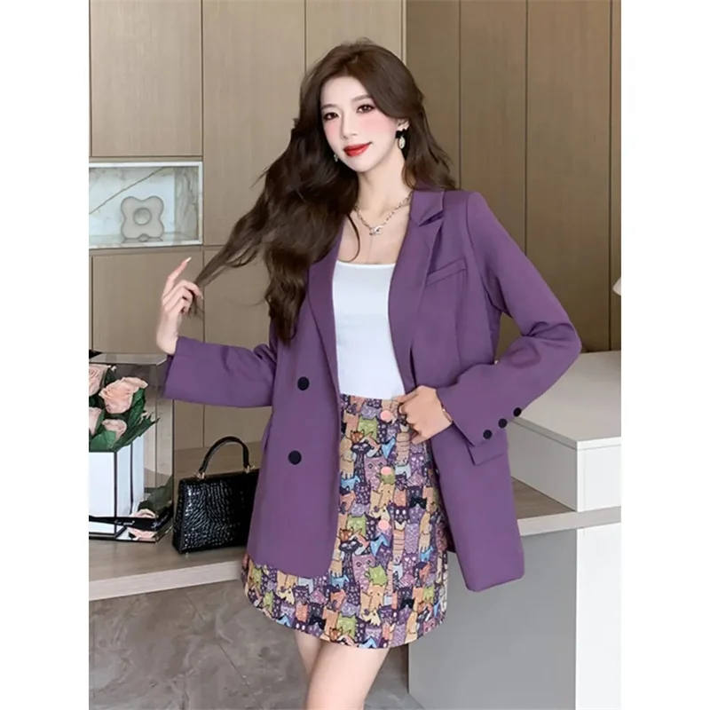 Fashion Women Sets Spring Summer High-end Blazer Jacket Printed Skirt Two-piece Suit Ladies Casual Temperament Purple Suit Coat