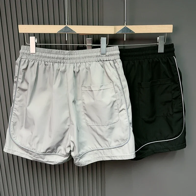 Reflective Drawstring Solid Color Casual Shortpants Men Women Beach Holiday Loose Casual Sports Quarter Shorts Summer Style