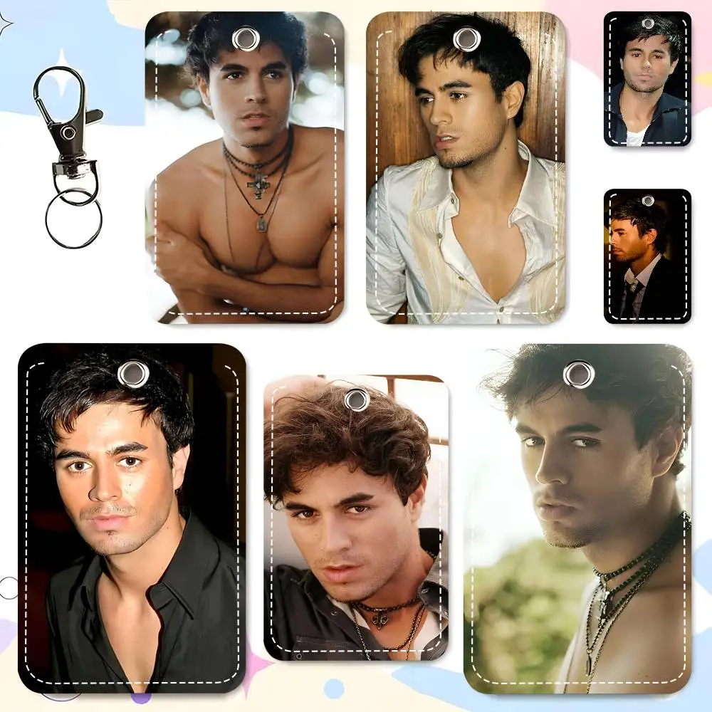 1pc Singer E-Enrique I-Iglesias Card Case Keychain Access Card Bag Key Tag Ring Leather Card Holder Key Ring Access