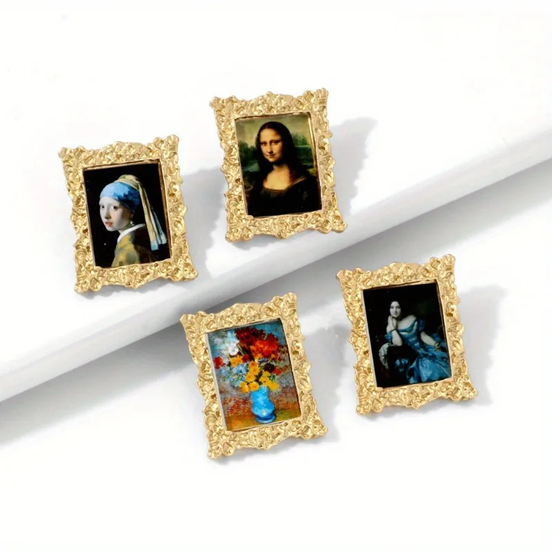 

New Mona Lisa Portrait Landscape Painting Alloy Earrings Retro Oil Painting Style Photo Album Women's Banquet Gift Accessories