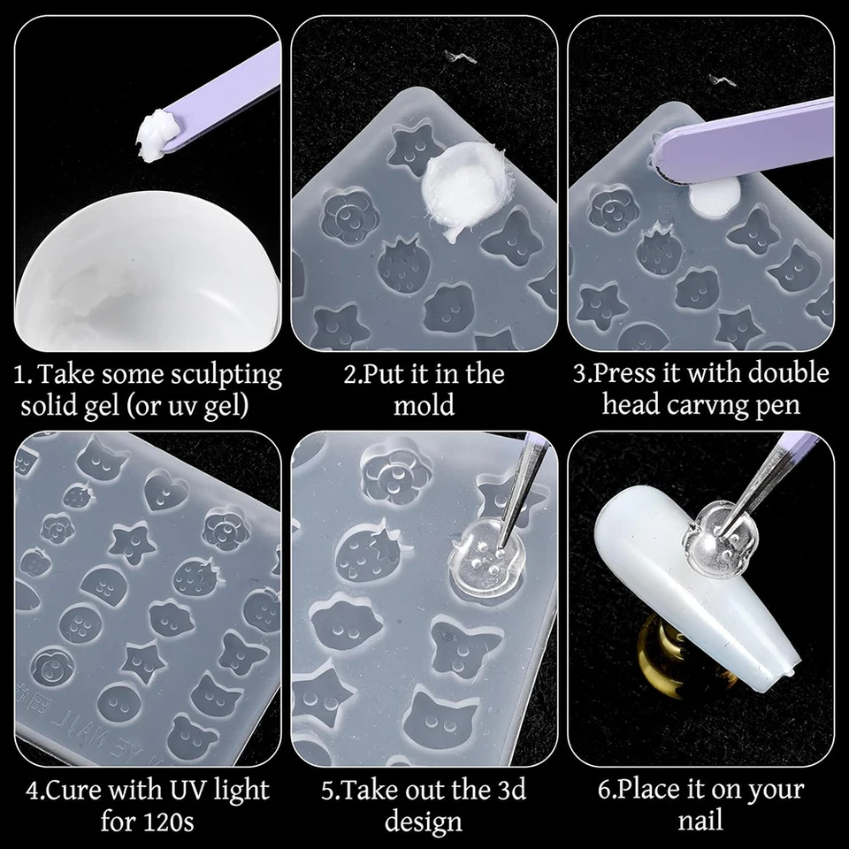 Moldes de silicona 3D para arte de uñas, formas de animales adorables, estrellas, DIY, botones de resina, adornos para uñas, suministros de manicura 6