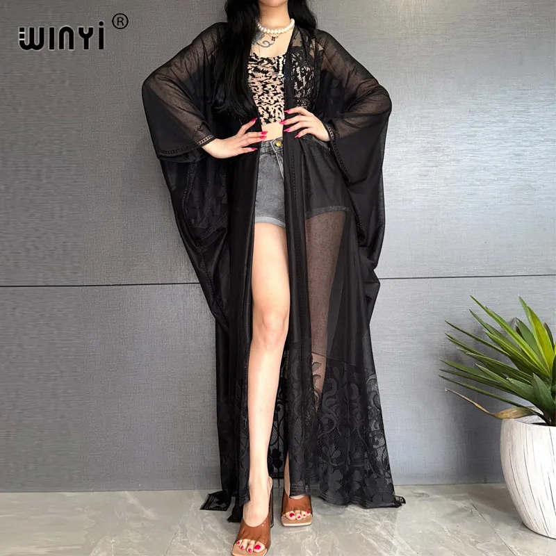 WINYI Kimono model baru untuk wanita, pakaian pantai kardigan Afrika kerawang seksi elegan, penutup pantai, gaun monowarna, pakaian mode musim panas untuk wanita