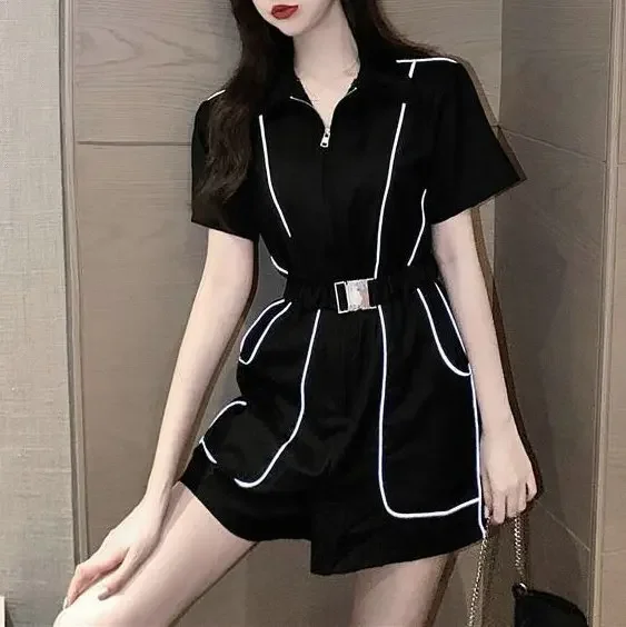 White outline striped jumpsuit 2024 Korean summer new collection waist cinching slimming short sleeved jumpsuit clothing