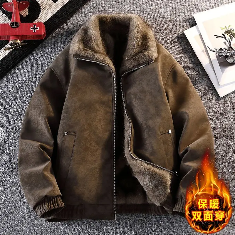 Fur and Leather Integrated 2025 New Parkas American Light Luxury New Jacket Winter Suede Men's Fleece Thick Casual Retro Coat