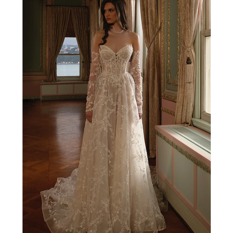 

Glitter A-Line Weddingdress Organza With Embroidery Sequins Ballgown Fullsleeve V-Neck Customized Bride Lace Up Vestido De Novia