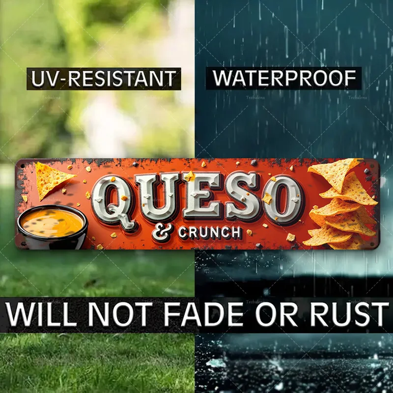 1 قطعة علامة معدنية، 4 × 16 بوصة "Queso & Crunch: علامة ريترو نابضة بالحياة لديكور المطبخ لعشاق الوجبات الخفيفة"