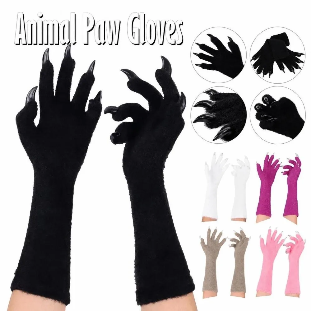 Funny Full Finger Paws Gloves Long Nail Solid Color Long Warm Mittens Furry Animal Claw Gloves Halloween Costume Accessories