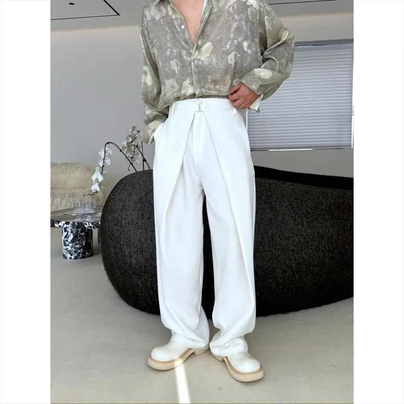

2026SS New Men's Straight Leg Pants Double Waist Design Casual Trousers Layering Sle Wide Leg Long Pants Straight Tube