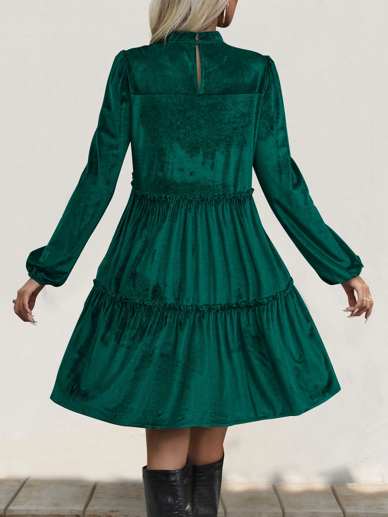 JIM & Km A-Robe monochromatique à manches longues pour femme, jupe en velours vert foncé, bord à volants, portefeuille de jeu, transfrontalier, nouveau
