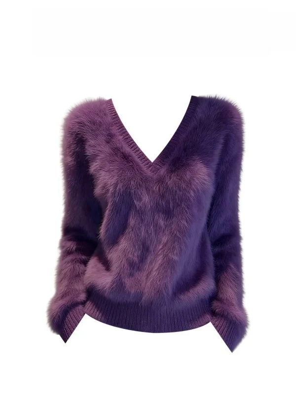 

Фиолетовый свитер оверсайз с V-образным вырезом, мягкий и уютный, весенний, модный, омолаживающий, свободный топ во французском стиле, с длинными рукавами, вязаный, из полиэстера.