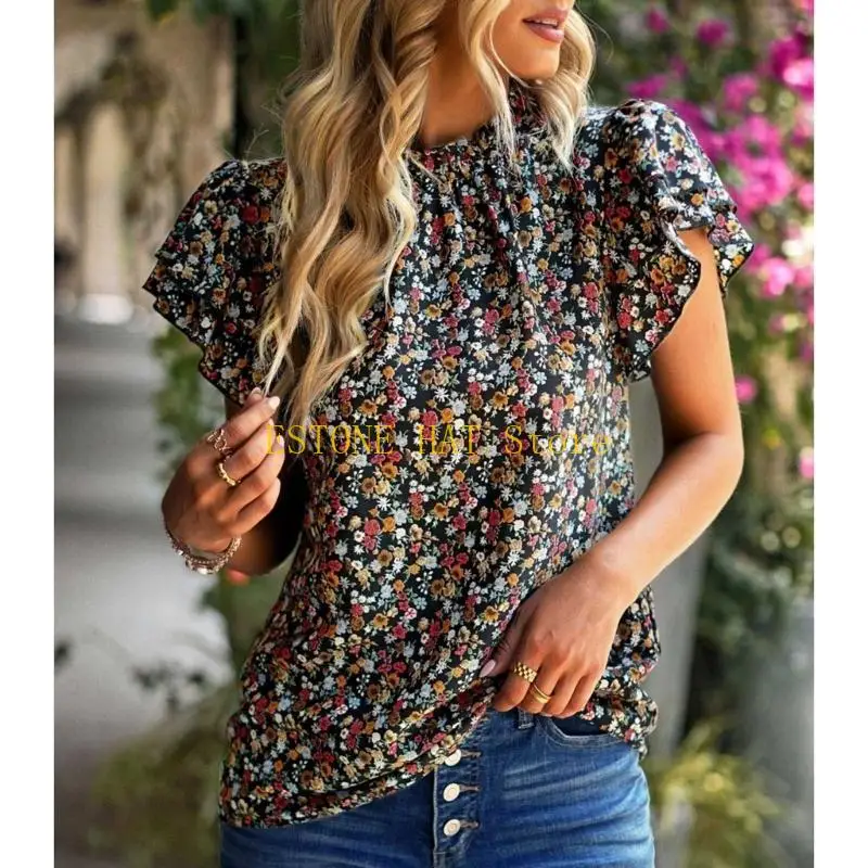 

49MF Женские повседневные блузки с оборками и короткими рукавами, свободная рубашка с цветочным принтом и воротником-стойкой