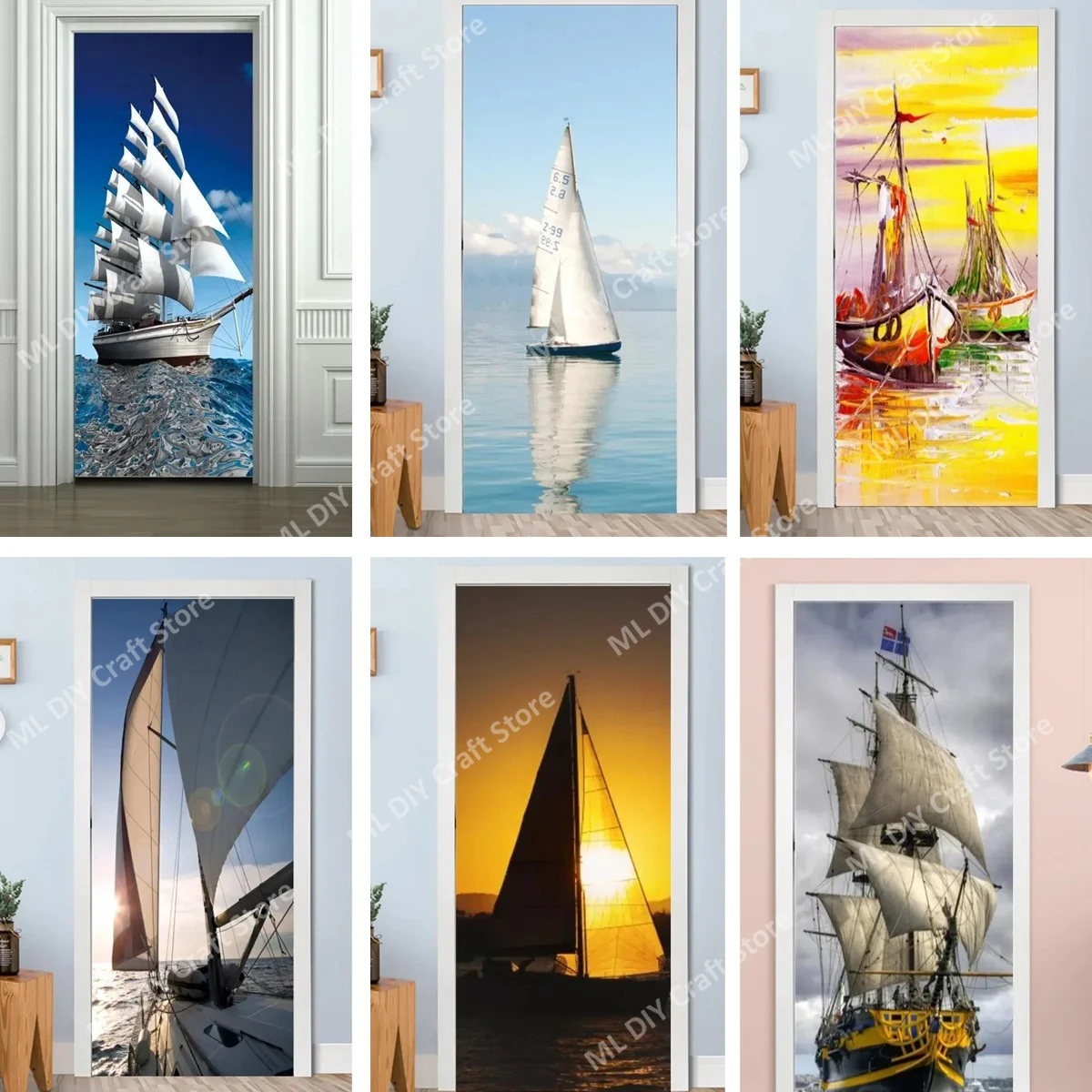 

Beautiful Sunset Scenery Sailboat Door Stickers Lifebuoy Imitation Wall Sticker Waterproof Living Room Paper PVC Stickers Porte