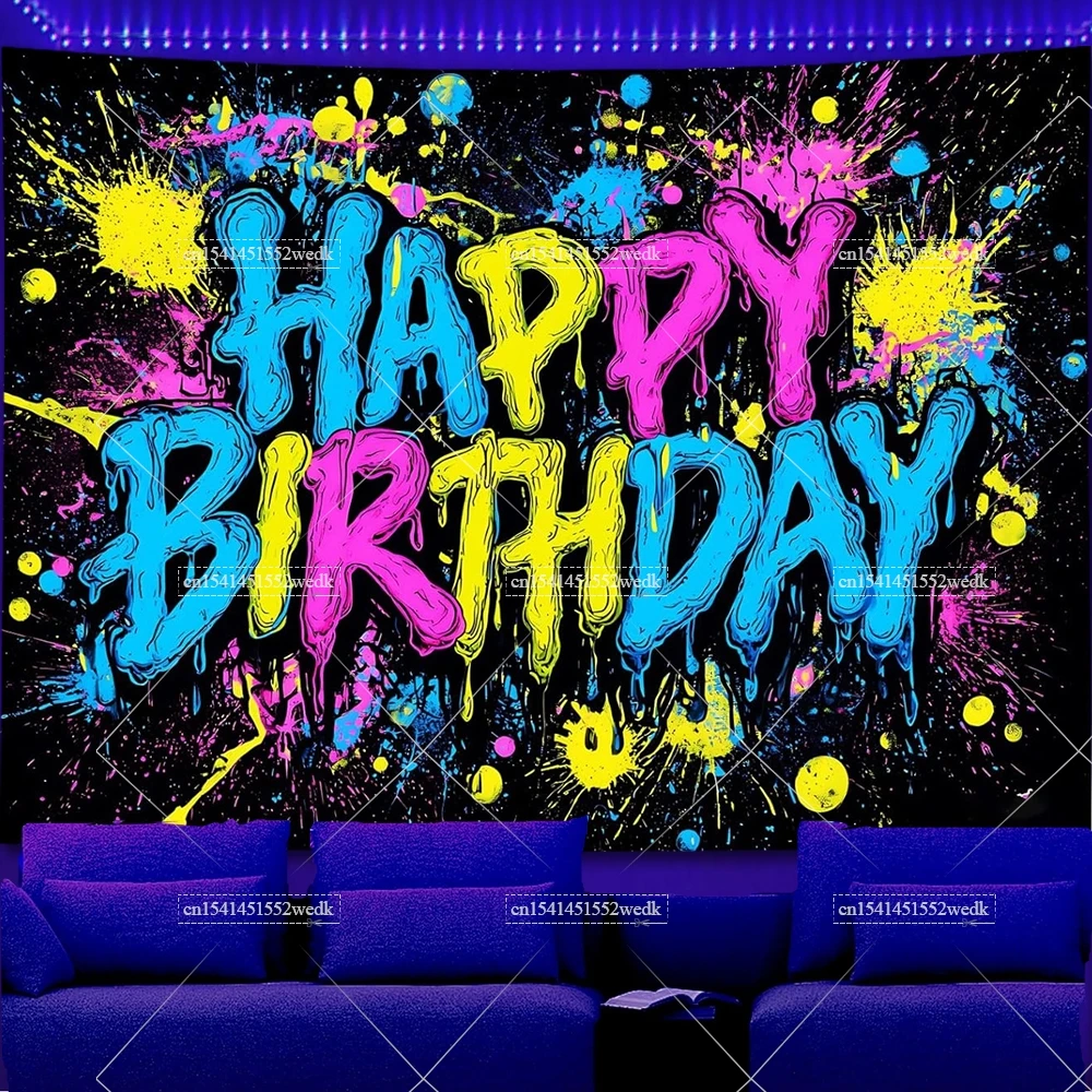 Schwarzlicht-Wandteppich „Happy Birthday“ – UV-reaktiver Graffiti-Wandteppich, im Dunkeln leuchtend, ästhetische fluoreszierende Wandteppiche